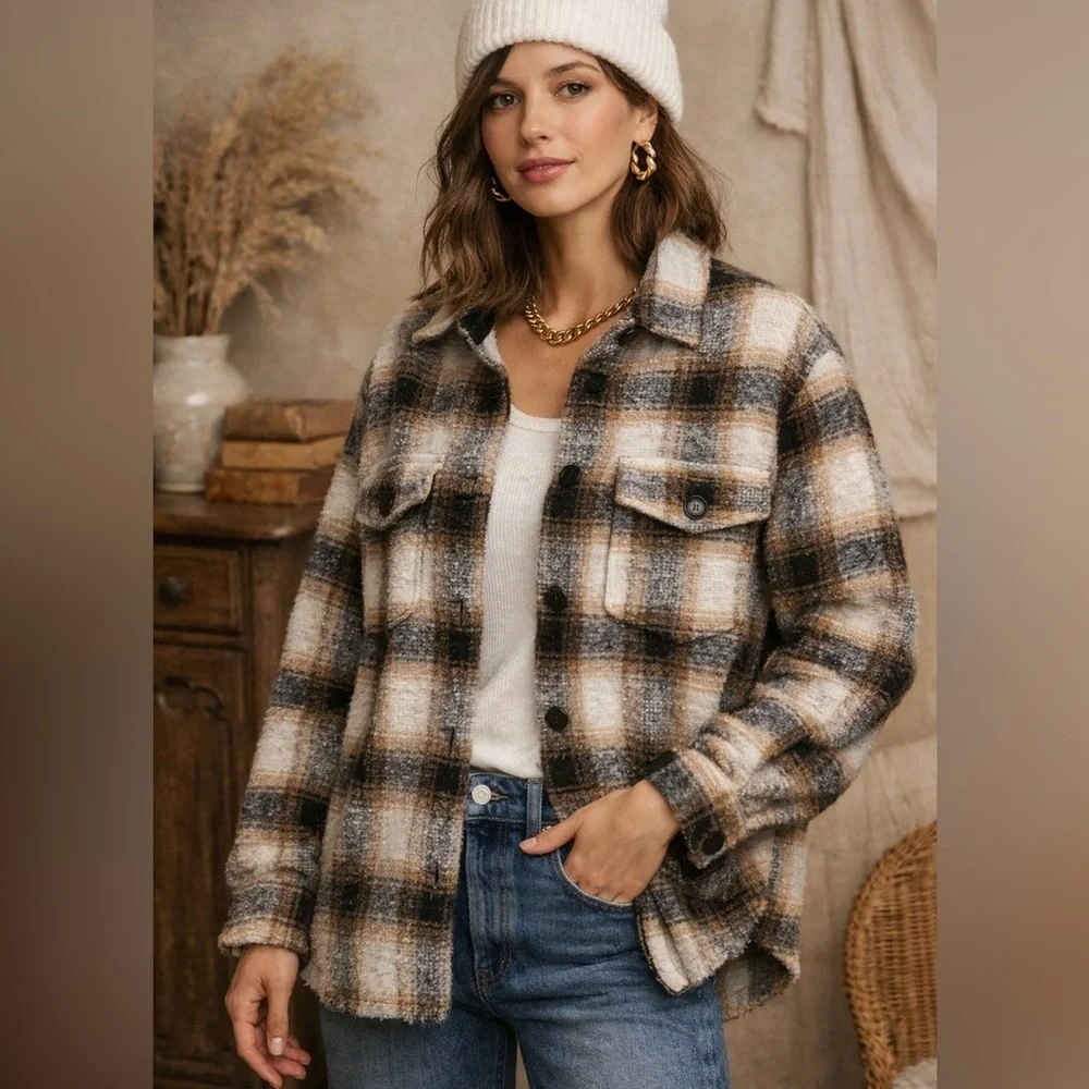 Calvin Klein Jeans Women's Checkered Utility Jacket - Black and brown